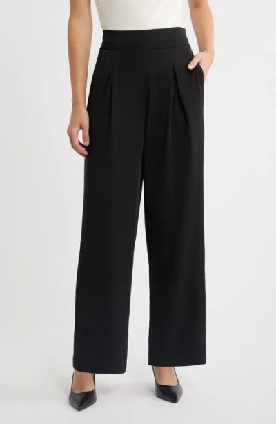 Anne Klein Pleated Pull-on Wide Leg Pants In Black