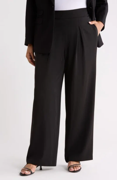 Anne Klein Pleated Pull-on Wide Leg Pants In Black