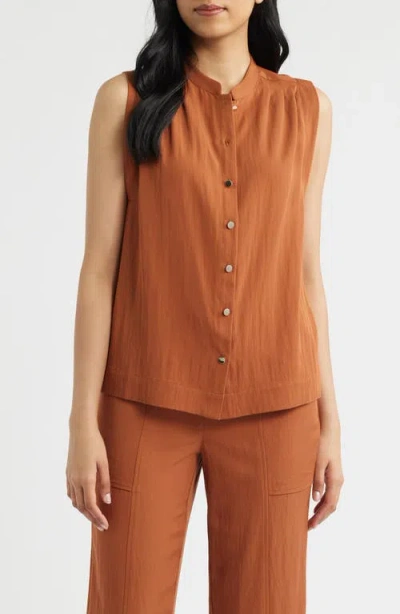 Anne Klein Pleated Sleeveless Button-up Shirt In Orange
