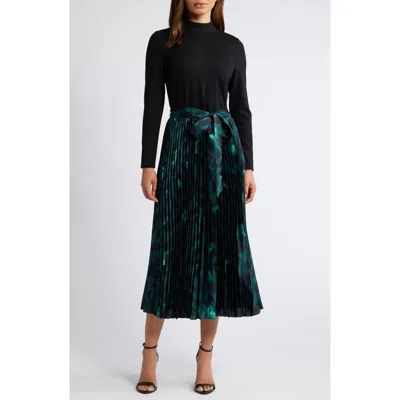 Anne Klein Pleated Tie Belt Long Sleeve Mixed Media Dress In Black