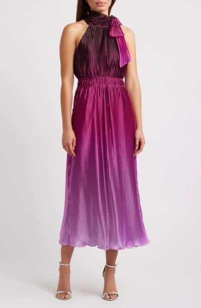 Anne Klein Pleated Tie Neck Midi Dress In Purple