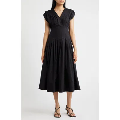 Anne Klein Pleated Waist Stretch Cotton Midi Dress In Black