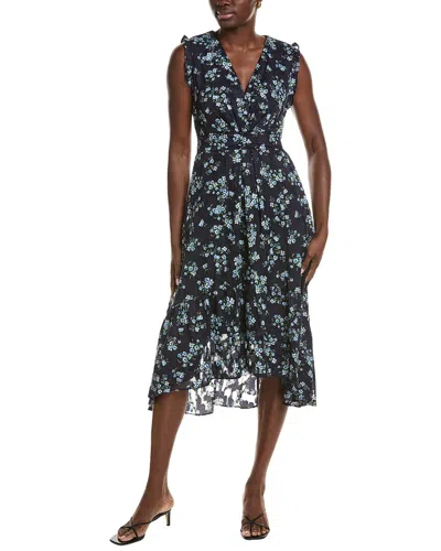 Anne Klein Pleated Waist V Neck Classic Midi Dress In Multi