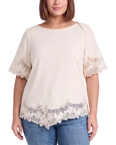 Anne Klein Plus Embroidered Solid Top In Neutral