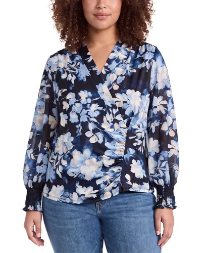 Anne Klein Plus Mixed Media Faux Wrap Top In Blue