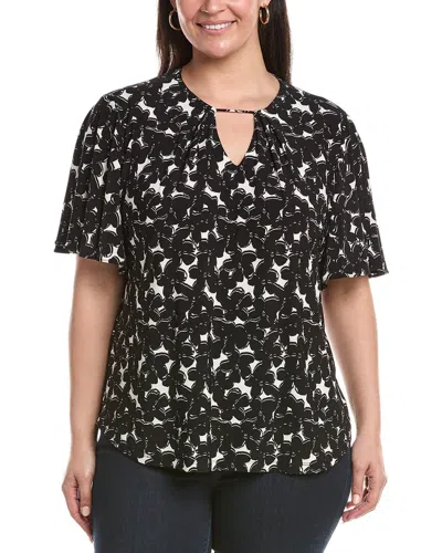 Anne Klein Plus Pleat Neck Bell Sleeve Top In Black