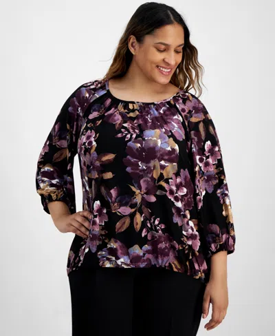 Anne Klein Plus Size 3/4-sleeve Peasant Shirt In Rioja Multi