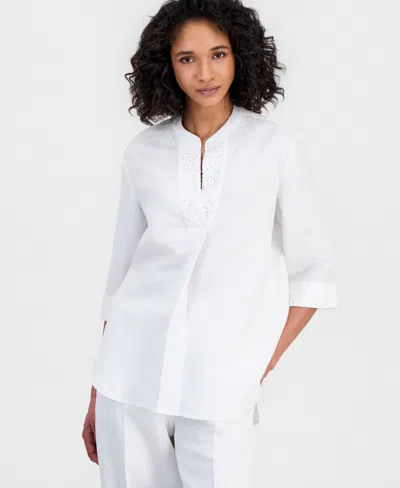 Anne Klein Plus Size 3/4-length Sleeve V-neck Tunic Top In Crisp White