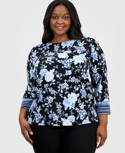 Anne Klein Plus Size 3/4-sleeve Contrast-cuff Top In Multi