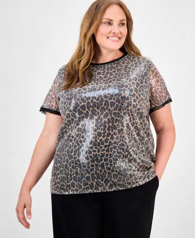 Anne Klein Plus Size Animal-print Sequin Top In Multi