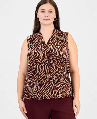 Anne Klein Plus Size Animal-print Sleeveless Wrap Top In Multi