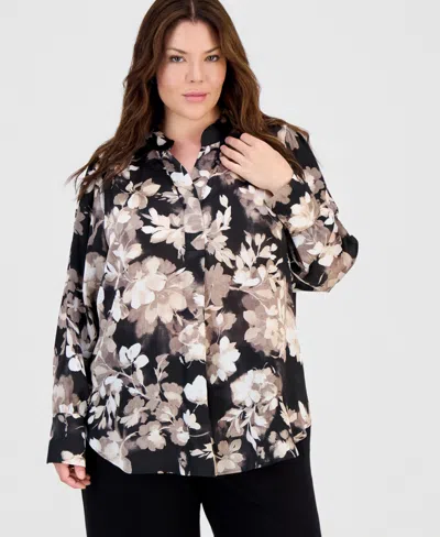 Anne Klein Plus Size Band-collar Popover Blouse In Multi