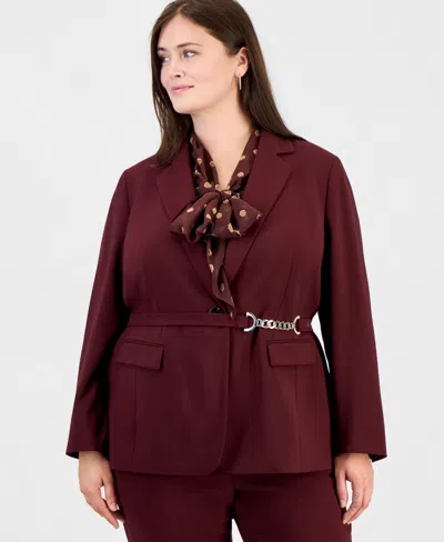Anne Klein Plus Size Belted Notch Collar Blazer In Burgundy