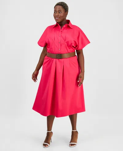 Anne Klein Plus Size Belted Pleated Midi Shirtdress In Pink
