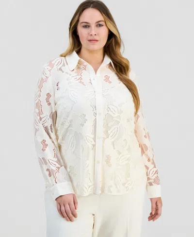 Anne Klein Plus Size Blossom Lace Button-down Blouse In White