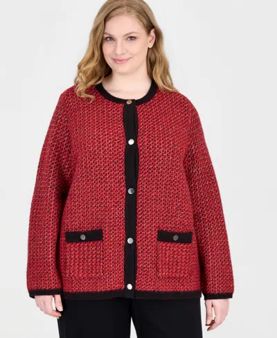 Anne Klein Plus Size Boucle Crewneck Cardigan In Brown