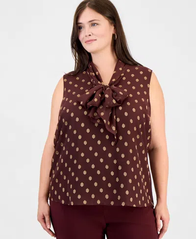 Anne Klein Plus Size Bow Tie Front Sleeveless Blouse In Brown