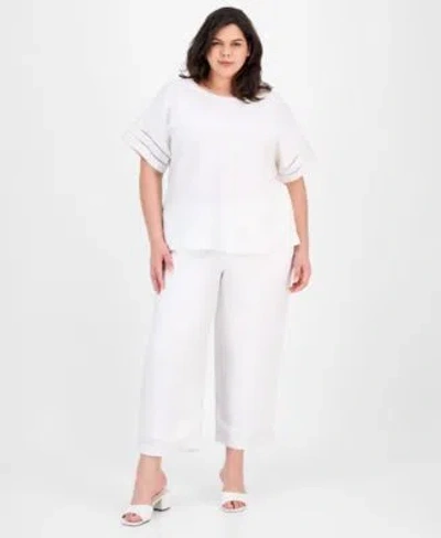 Anne Klein Plus Size Button Back Blouse Wide Leg Pants In Bright White