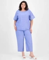 Anne Klein Plus Size Button Back Blouse Wide Leg Pants In Santorini Blue,bright White