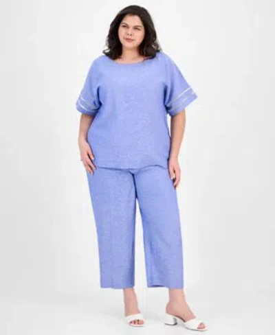 Anne Klein Plus Size Button Back Blouse Wide Leg Pants In Santorini Blue,bright White