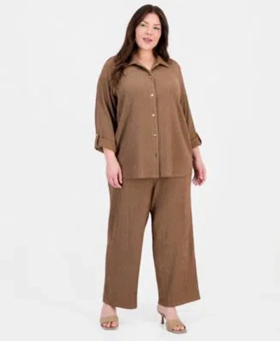 Anne Klein Plus Size Button Front Roll Tab Sleeve Shirt Pull On Wide Leg Pants In Brown