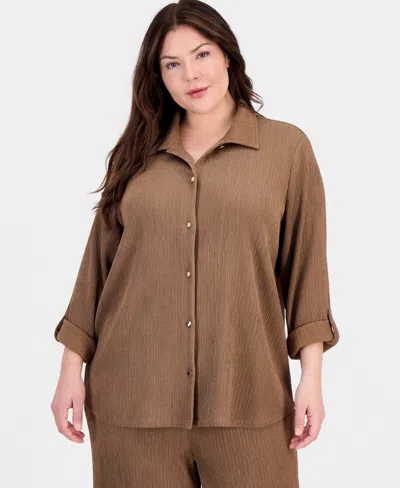 Anne Klein Plus Size Button-front Roll-tab-sleeve Shirt In Brown