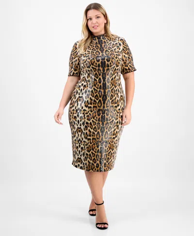 Anne Klein Plus Size Cap-sleeve Animal-print Sequin Bodycon Dress In Multi
