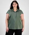 Anne Klein Plus Size Cap-sleeve Satin Collared Blouse In Eucalyptus