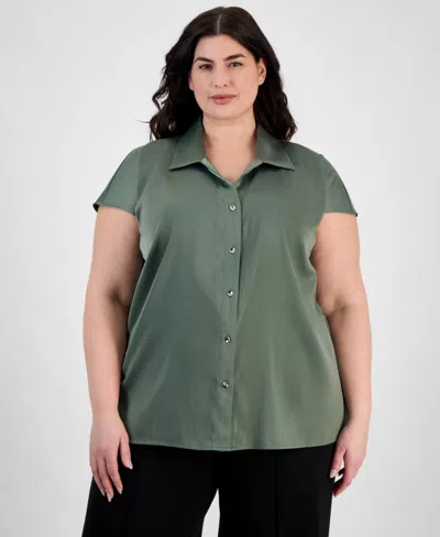 Anne Klein Plus Size Cap-sleeve Satin Collared Blouse In Eucalyptus