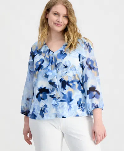 Anne Klein Plus Size Cascade Ruffle-front Blouse In Multi