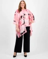 Anne Klein Plus Size Chiffon Kimono Printed Boat Neckline Blouse Pull On Mid Rise Wide Leg Pants In White Dove Multi