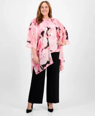 Anne Klein Plus Size Chiffon Kimono Printed Boat Neckline Blouse Pull On Mid Rise Wide Leg Pants In White Dove Multi