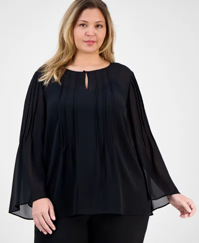 Anne Klein Plus Size Chiffon Pintuck Flutter-sleeve Blouse In Black
