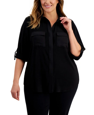 Anne Klein Plus Size Collared Convertible Utility Top In Anne Black