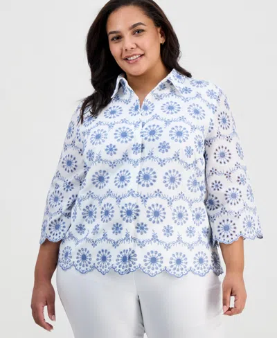 Anne Klein Plus Size Collared Eyelet-embroidered Shirt In Multi