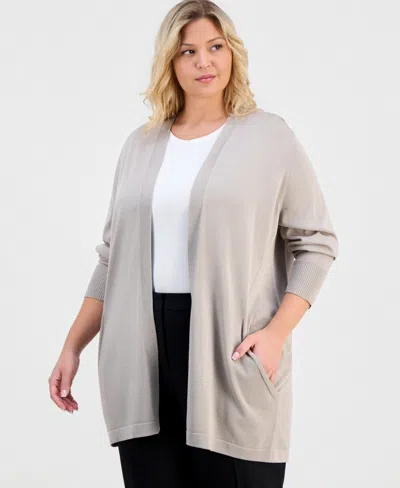 Anne Klein Plus Size Collarless Open-front Cardigan In Gray