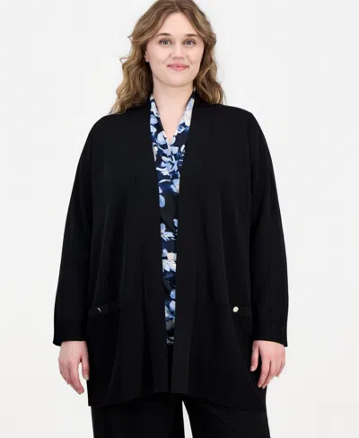 Anne Klein Plus Size Collarless Open-front Cardigan In Black