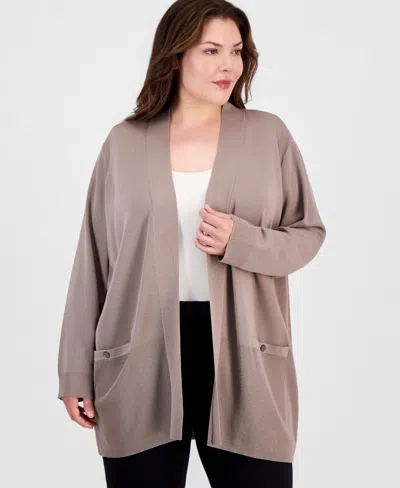 Anne Klein Plus Size Collarless Open-front Cardigan In Gray