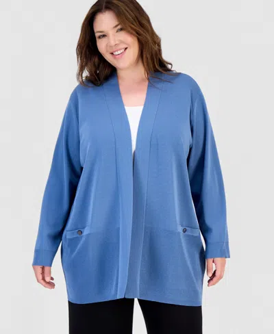 Anne Klein Plus Size Collarless Open-front Cardigan In Blue
