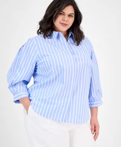 Anne Klein Plus Size Cotton Striped 3/4-sleeve Shirt In Sutf Blue,bright White
