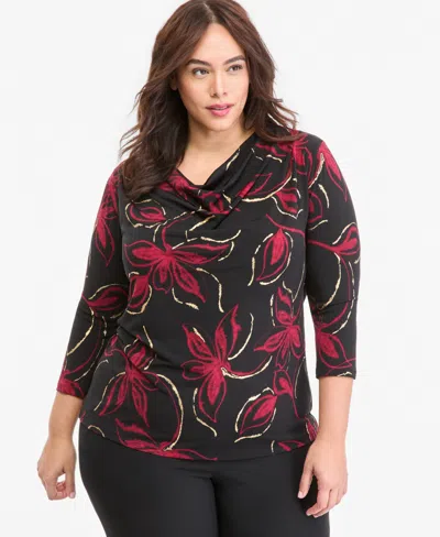 Anne Klein Plus Size Cowl Neck 3/4-sleeve Floral Blouse In Black
