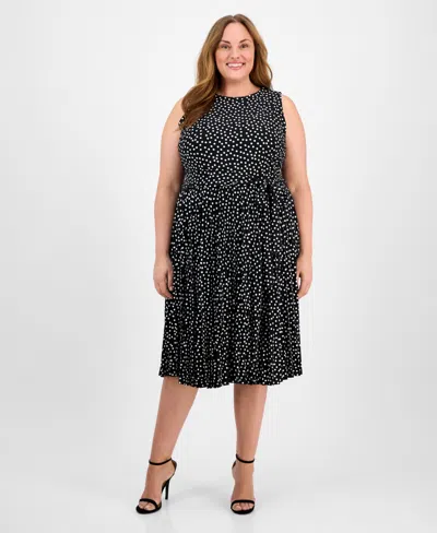 Anne Klein Plus Size Dot-print Pleated Midi Dress In Anne Black,white Dove