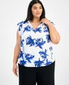 Anne Klein Plus Size Double Ruffle Tie-front Blouse In White,santorini Blue