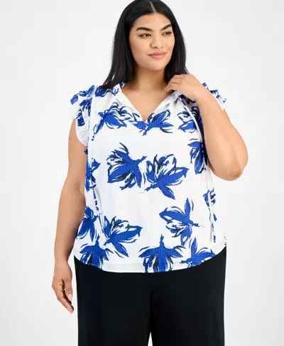 Anne Klein Plus Size Double Ruffle Tie-front Blouse In White,santorini Blue