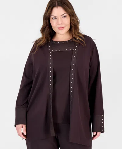 Anne Klein Plus Size Embellished Open Front Cardigan In Burgundy