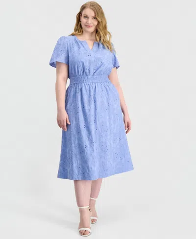 Anne Klein Plus Size Embroidered-eyelet Short-sleeve Midi Dress In Blue