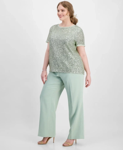Anne Klein Plus Size Extended-tab Wide-leg Pants In Jade Stone