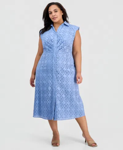 Anne Klein Plus Size Eyelet-embroidered Sleeveless Shirtdress In Blue