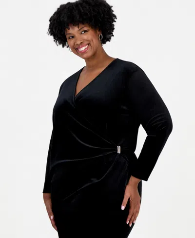 Anne Klein Plus Size Faux-wrap Velvet V-neck Blouse In Black