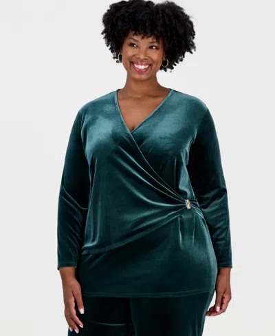 Anne Klein Plus Size Faux-wrap Velvet V-neck Blouse In Green
